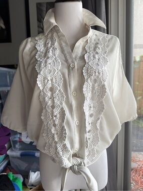 XOXO Off-White Crochet-Panel Button Front Blouse